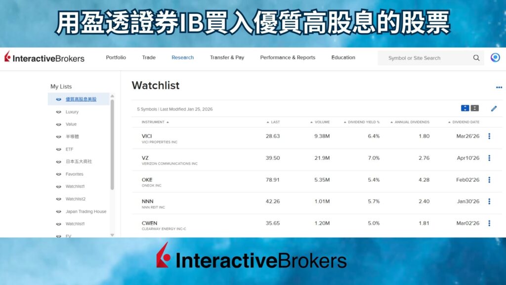 用盈透證券IB買入優質高股息的股票